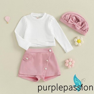 Purplepassion- ชุดเสื้อคอกลม แขนยาว และกางเกงขาสั้น 3 ชิ้น สําหรับเด็กผู้หญิง