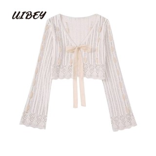 Uibey เสื้อถัก คอวี แขนยาว ประดับโบว์ สไตล์ฝรั่งเศส 3657