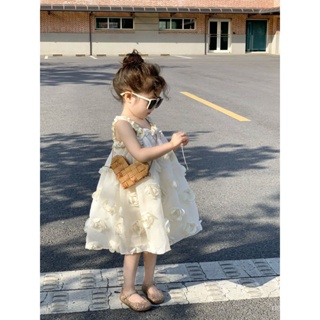 Korean-style childrens wear girls advanced dress summer Western style girls temperament flower suspender skirt beige dress 6CER