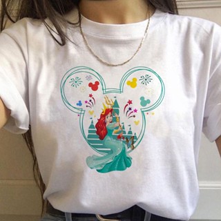 เสื้อยืดแขนสั้น【พร้อมส่ง】เสื้อยืด พิมพ์ลาย Disneyland The Little Mermaid Princess Ariel Mickey แฟชั่น สไตล์ฮาราจูกุ สําห