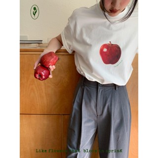 เสื้อยืดแขนสั้น ผ้าฝ้าย 100% พิมพ์ลายแอปเปิ้ล สไตล์ฝรั่งเศส สําหรับผู้หญิง