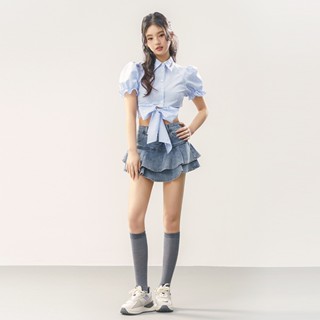 Westayone 23 Summer Bow Lace-up Womens Embroidered Puff Sleeve Short Shirt แขนพอง ตุ๊กตา เสื้อเอวลอย