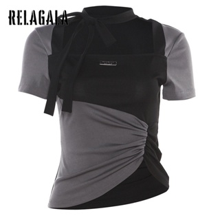 Relagala เสื้อยืดแขนสั้น คอสี่เหลี่ยม ลําลอง เข้ารูป สีพื้น แฟชั่นสําหรับสตรี 2023