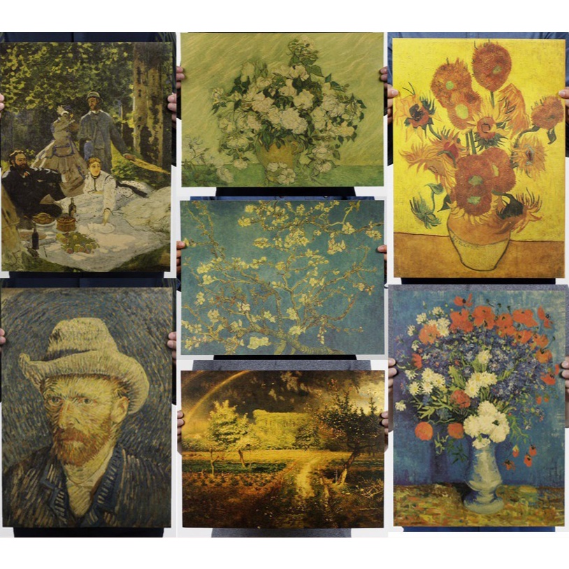 โปสเตอร์กระดาษคราฟท์ ลายภาพวาดสีน้ํามัน Monet Van Gogh Picasso ขนาด 47x36 ซม. สไตล์เรโทร สําหรับตกแต่งห้องนั่งเล่น บาร์