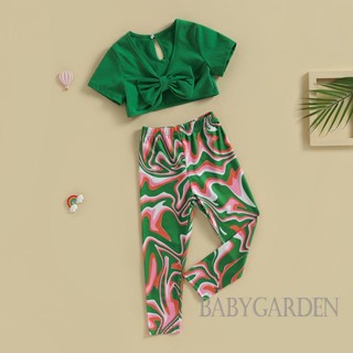 Babygarden-3-7 ปี ชุดเสื้อผ้าเด็กผู้หญิง, ลายทาง สีพื้น คอวี แขนสั้น เสื้อครอป โบว์ + กางเกงขายาว พิมพ์ลายกราฟฟิตี้