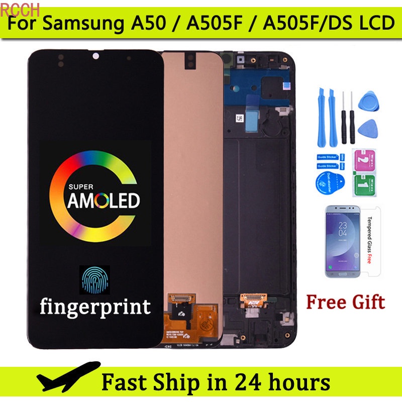 Super AMOLED หน้าจอสัมผัสดิจิทัล lcd พร้อมกรอบ สําหรับ Samsung Galaxy A50 SM-A505FN DS A505F DS A505