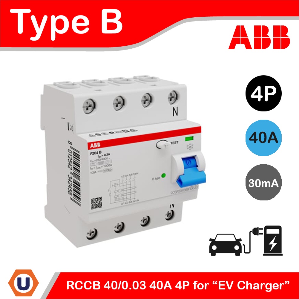 ABB F204B-40/0.03 กันดูด  4โพล 40แอมป์ Type B RCCB 40A 4P 30mA สำหรับ EV Charger 2CSF204568R1400 | U