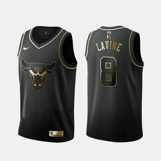 เสื้อกีฬาบาสเก็ตบอล NBA Chicago Bulls ของแท้ สําหรับผู้ชาย #8 เสื้อกีฬาแขนสั้น ลายทีม Zach LaVine Swingman สีดํา สีทอง สไตล์เรโทร