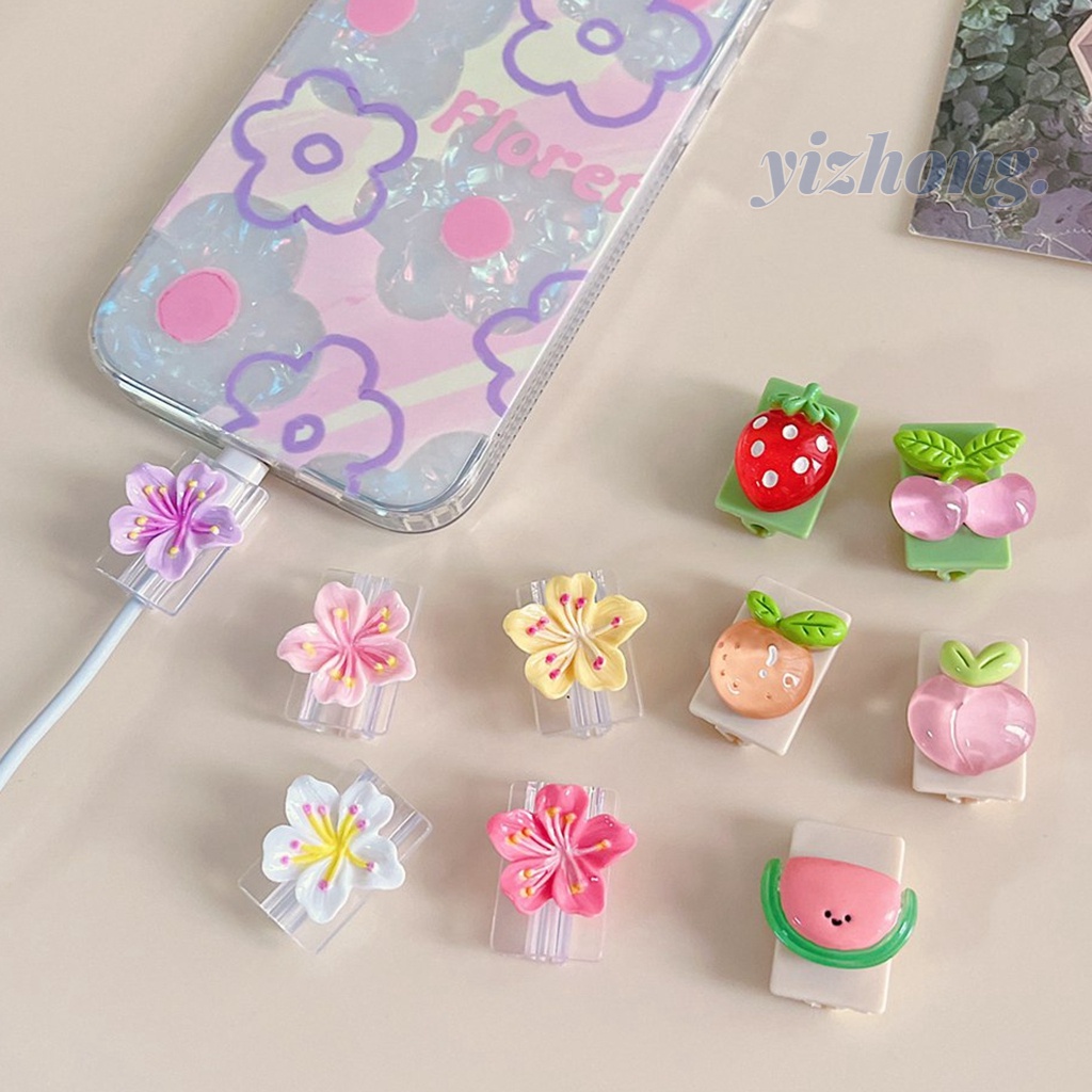 ตัวถนอมสายชาร์จ TPU แบบนิ่ม ลายดอกไม้ สตรอเบอร์รี่ และลูกพีช 3D สําหรับ iPhone Android Micro-USB Type-C 1 ชิ้น