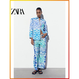 Zara ใหม่ เสื้อโปโล แขนยาว ผ้าฝ้าย พิมพ์ลาย Poplin สําหรับผู้หญิง 3404781 400