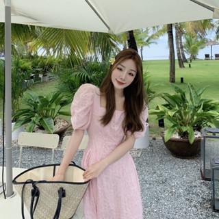 ชุดเดรสกระโปรงยาว คอสี่เหลี่ยม แขนพัฟ เข้ารูป ลายดอกซากุระ สีชมพู สําหรับสตรี 2022