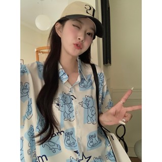 Suxi เสื้อเชิ้ตแขนสั้น พิมพ์ลายการ์ตูน ทรงหลวม แฟชั่นฤดูร้อน สําหรับผู้หญิง