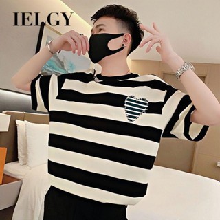 IELGY เสื้อยืดแขนสั้น ลายทาง แบบหนา สีดํา และสีขาว แฟชั่นสําหรับผู้ชาย