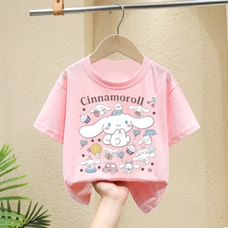 เสื้อยืดแขนสั้น พิมพ์ลายการ์ตูน Cinnamoroll Hellokitty Kuromi สีชมพู สไตล์เกาหลี สําหรับเด็ก