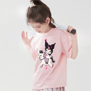 เสื้อยืดลําลอง คอกลม ลายการ์ตูนคุโรมิ สีชมพู สําหรับเด็กผู้หญิง