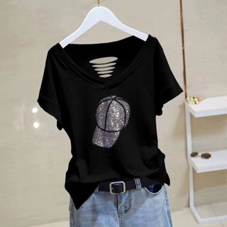 [สินค้าใหม่] เสื้อยืดแขนสั้น คอวี ผ้าฝ้าย 100% ประดับพลอยเทียม เข้ากับทุกการแต่งกาย แฟชั่นสไตล์เกาหลี