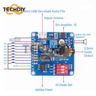 โมดูลเครื่องเล่น MP3 UART I/O ทริกเกอร์ Class D 5W 8M DY-SV8F SD/TF Card