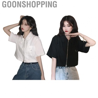 Goonshopping Women Short Sleeve Shirts  Summer Easy To Match Breathable Pure Color Women Zipper Short Sleeve Tops Loose Casual  for Outdoor for Daily for Work