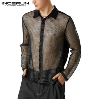 Incerun เสื้อเชิ้ตแขนยาว ซีทรู คอปก สไตล์วินเทจ แวววาว สําหรับผู้ชาย