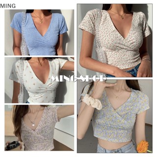 Ming Summer เสื้อครอปท็อป คอวี แขนสั้น ลายดอกไม้ เซ็กซี่ สําหรับผู้หญิง TH