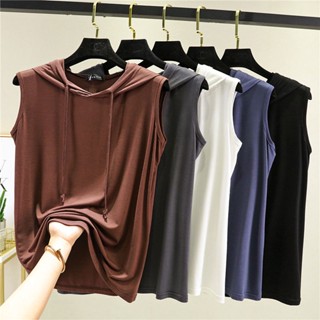 พร้อมส่ง เสื้อยืดแขนกุด มีฮู้ด ทรงหลวม ขนาดใหญ่ สีดํา สไตล์เกาหลี สําหรับผู้หญิง เสื้อยืด ผ้าฝ้าย มีฮู้ด สองสี