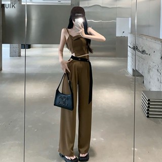 Kuik 2023 ใหม่ หวาน เครื่องเทศ เสื้อกั๊ก เอวสูง ขากว้าง กางเกงสูท สําหรับผู้หญิง ik