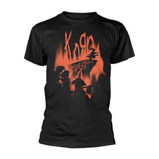 Korn - เสื้อยืด พิมพ์ลายเปลวไฟ Hopscotch สีดํา ขนาดเล็ก ด้านหน้า และด้านหลัง