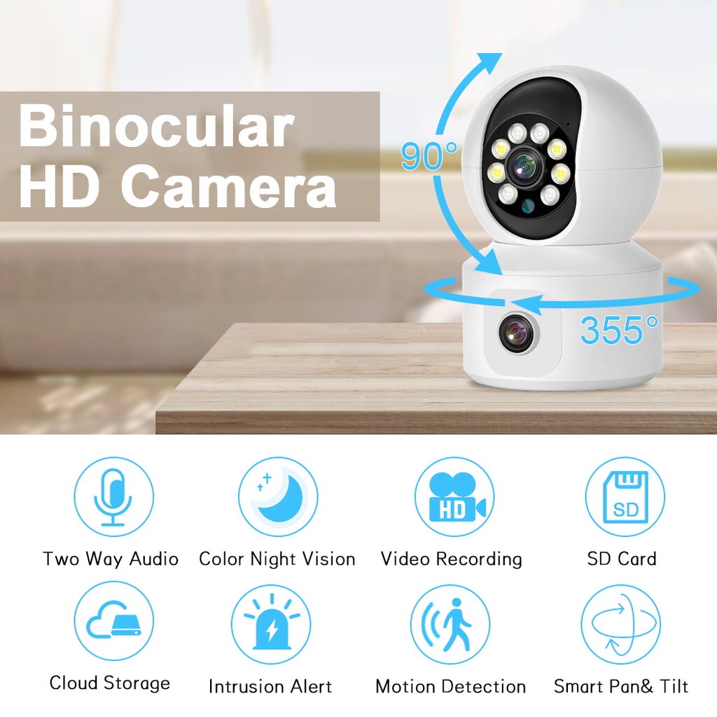 Tuya กล้องวงจรปิด 2 เลนส์ 4MP เชื่อม Wi-Fi ปรับหมุนกล้องได้ หมุนตามคน สื่อสารสองทาง แจ้งเตือนเข้าแอป