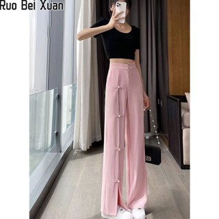 Ruo Bei Xuan สตรีสไตล์จีนใหม่หัวเข็มขัดแห่งชาติกางเกงสูทบางส่วนเอวสูงหลวมสบายๆขาตรงกางเกงซับขากว้าง