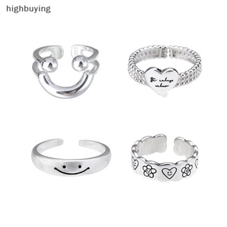 [highbuying] แหวนเงิน รูปหน้ายิ้ม ปรับขนาดได้ สไตล์พังก์ วินเทจ ของขวัญวันเกิด สําหรับผู้หญิง