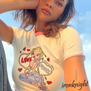 Ironknight- เสื้อยืดแขนสั้น พิมพ์ลายการ์ตูนน่ารัก แบบสวมหัว แฟชั่นฤดูร้อน สําหรับผู้หญิง