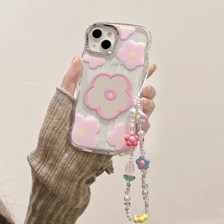 เคสโทรศัพท์มือถือแบบนิ่ม Tpu ใส กันกระแทก ลายดอกไม้ กระต่าย สีชมพู พร้อมสายโซ่คล้องมือ ไข่มุก สําหรับ iPhone 14 13 12 11 Pro Max