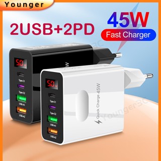 อะแดปเตอร์ชาร์จ หน้าจอดิจิตอล 45W 3.1A 2USB+2PD ชาร์จเร็ว หลายอินเตอร์เฟส USB