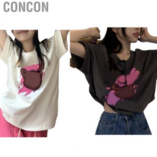 Concon Lady Short Sleeve Top  Prevent Pilling Breathable Loose Fit Cartoon Print Round Neck Women Half T Shirt for Work