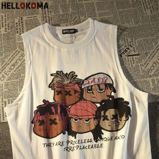 Hello KOMA ผ้าฝ้ายแท้ ยุโรป อเมริกัน ย้อนยุค การ์ตูน อวาตาร์ พิมพ์ เสื้อกั๊ก ผู้ชาย ผู้หญิง อินเทรนด์ สไตล์กระโหลก กีฬา แขนกุด เด็ก เสื้อกั๊ก