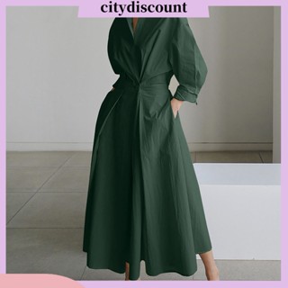 &lt;citydiscount&gt; ชุดเดรสแม็กซี่ แขนยาว คอปก มีกระเป๋า สีพื้น กระดุมแถวเดียว สําหรับผู้หญิง