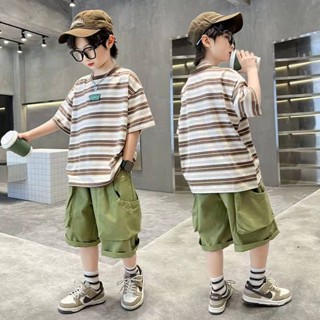 Boys Summer Suit Striped 2023 New Medium and Large Children Boys Summer Stripes Short Sleeve Two-Piece Suit Fried Street Fashion ttbz