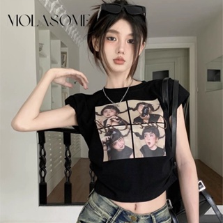 Molasome เสื้อยืด คอกลม แขนสั้น พิมพ์ลาย เรียบง่าย แฟชั่นสําหรับผู้หญิง 2023