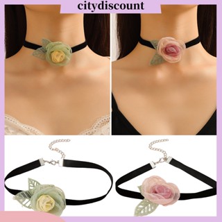 &lt;citydiscount&gt; สร้อยคอโชคเกอร์ ผ้าเชียร์ ลายดอกไม้ ใบไม้สีเขียว หรูหรา สไตล์เรโทร ปรับได้ สําหรับผู้หญิง