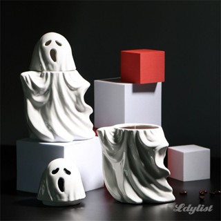 ღ 450ml Creative White Ghost Cup แก้วเซรามิครูปทรงสามมิติแก้วนมการ์ตูน Trick or Treat ถ้วยน้ำโฆษณาถ้วยของขวัญ