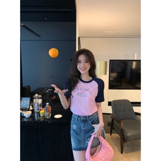 QOAM MIU MIU 2023 spring and summer new letter hot diamond decorative design pink blue contrast color round neck short sleeve tee womens fashion all-match T-shirt