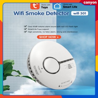 Tuya Wifi Smart Smoke Detector Smart Fire Alarm Sensor Wireless Gas Detector For Kitchen Bedroom 85db Volume Alarm Sound With Red Led Flash Light canyon (สีแดง)