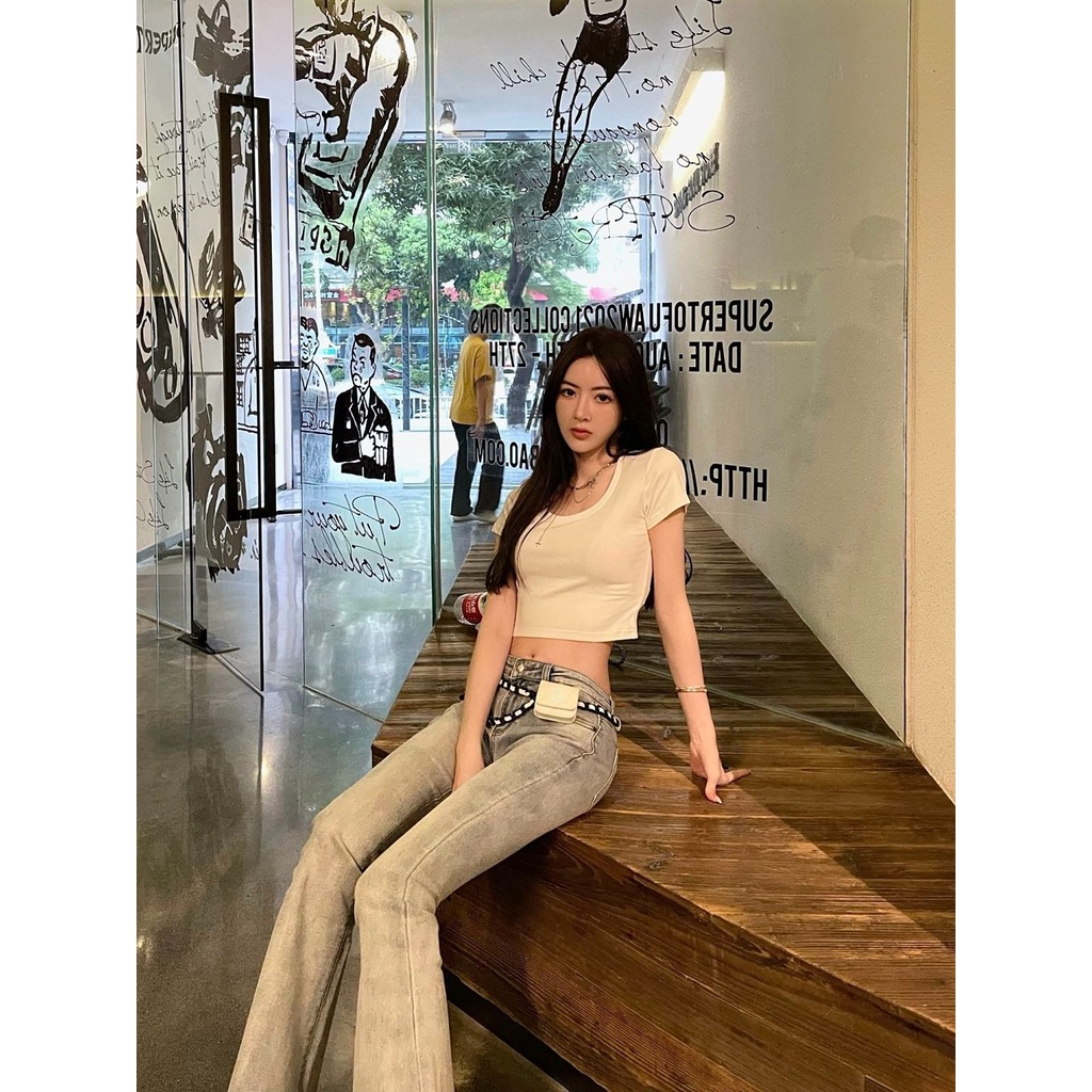 กางเกงยีนขาบาน เอวต่ํา ทรงสกินนี่ เอวต่ํา พร้อมกระเป๋า สีฟ้า สําหรับผู้หญิง Y2k - รูปที่ 5