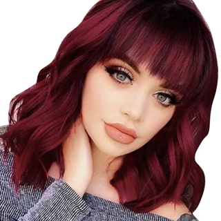 Health &amp; beauty Short Wavy Wine Red Wigs with Bang Heat Resistant Synthetic Soft Realistic Looking Curly Bob Wig