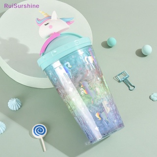 Ruisurshine ใหม่ แก้วน้ําพลาสติก ลายยูนิคอร์นน่ารัก ไล่โทนสี พร้อมหลอดดูด แบบพกพา สร้างสรรค์ สําหรับเด็กผู้หญิง