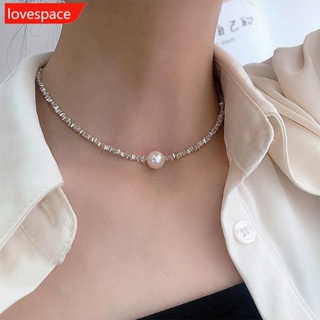 Lovespace สร้อยคอโซ่ โลหะผสมเงิน ประดับมุก แวววาว เรียบง่าย เครื่องประดับ สําหรับผู้หญิง G8R8