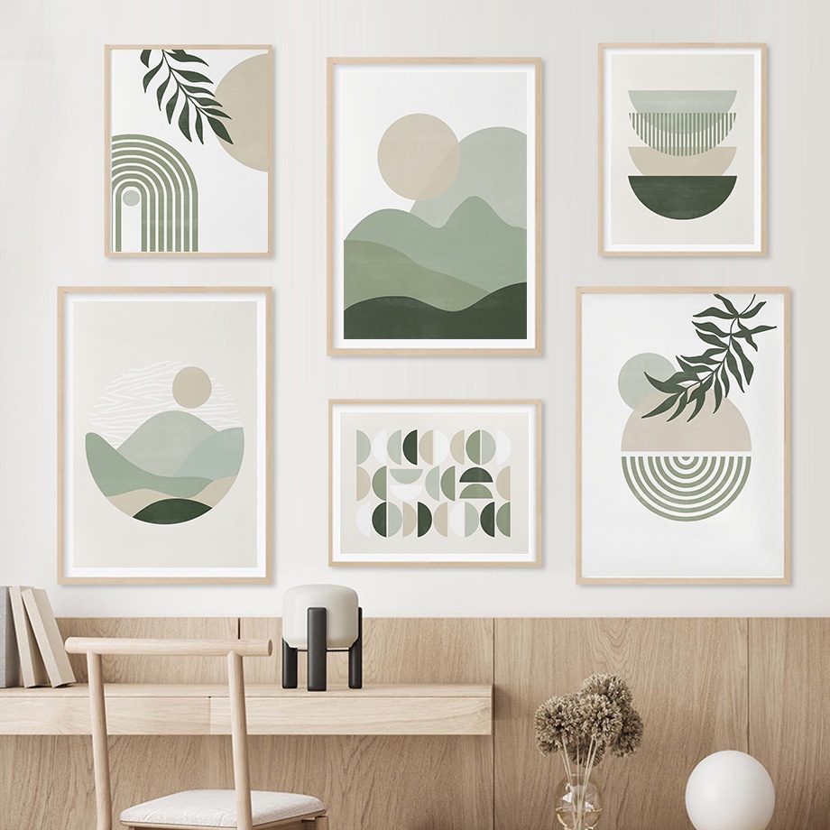 Sage สีเขียว ดวงอาทิตย์ ดวงจันทร์ ใบไม้ นามธรรม สีเบจ เรขาคณิต โปสเตอร์ ผ้าใบ ภาพวาด ผนังศิลปะ ภาพพิมพ์ ห้องนั่งเล่น ตกแต่งบ้าน ภายใน