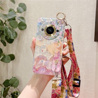 เคสโทรศัพท์มือถือแบบนิ่ม ลายภาพวาดสีน้ํามัน รูปดอกซากุระ ประดับพลอยเทียม พร้อมสายคล้องคอ สําหรับ Realme 11 Pro 11 Pro+ Plus 5G 4G C53 NFC