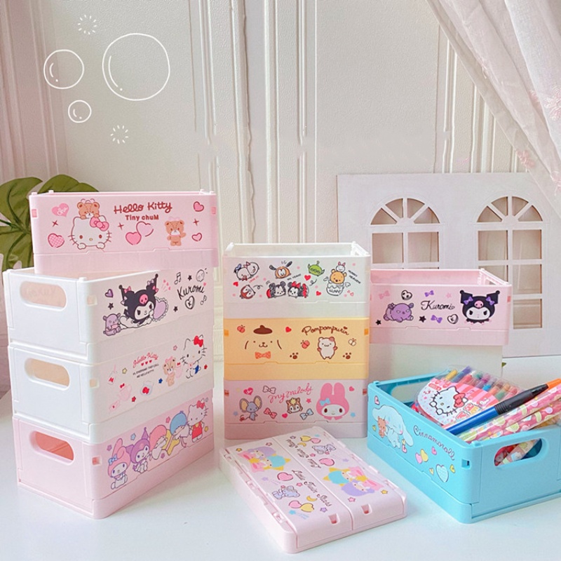 กล่องเก็บของ แบบพับได้ ลายการ์ตูนอนิเมะ Kawaii Kuromi Melody Cinnamoroll Pom Pom Purin ขนาด 17 ซม. วางซ้อนกันได้ เหมาะกับของขวัญ