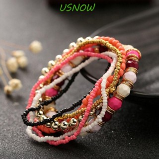 Usnow กําไลข้อมือแฟชั่น สีเงิน ยืดหยุ่น หลายชั้น ลูกปัด